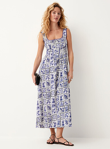 Ic&ocirc;ne Patterned Blue Scalloped square neckline bustier midi dress for women