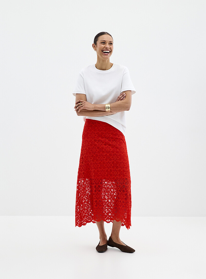 Contemporaine Red Floral guipure maxi skirt for women