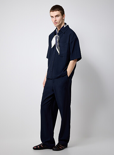 Le 31: Le pantalon fluide toile froiss&eacute;e <b>Coupe Paris - Relaxe &agrave; taille haute</b> Bleu marine - Bleu nuit pour homme