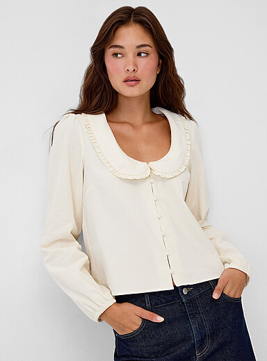 Twik: La blouse col Claudine velours c&ocirc;tel&eacute; Blanc cass&eacute; pour femme
