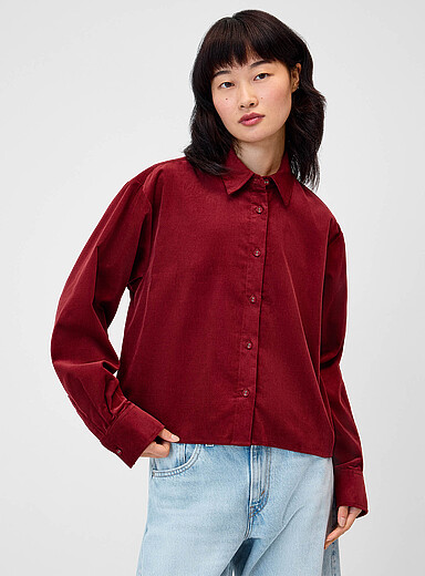 Twik: La chemise carr&eacute;e velours c&ocirc;tel&eacute; Bourgogne pour femme