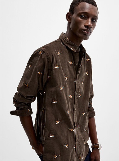 Le 31 Patterned Green Embroidered animal corduroy shirt <b>Comfort fit</b> for men