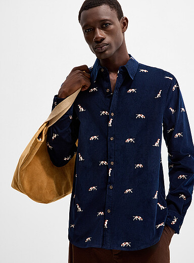 Le 31 Patterned Blue Embroidered animal corduroy shirt <b>Comfort fit</b> for men
