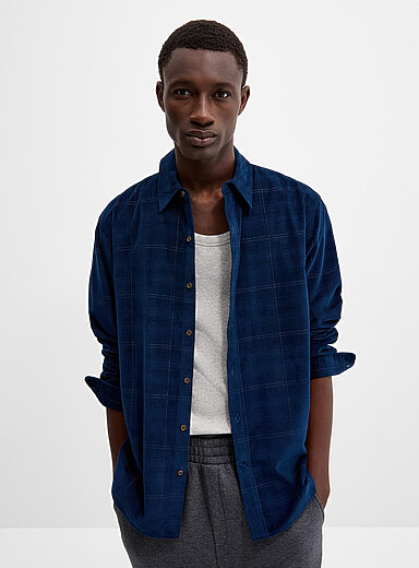 Le 31 Patterned Blue Check corduroy shirt <b>Comfort fit</b> for men
