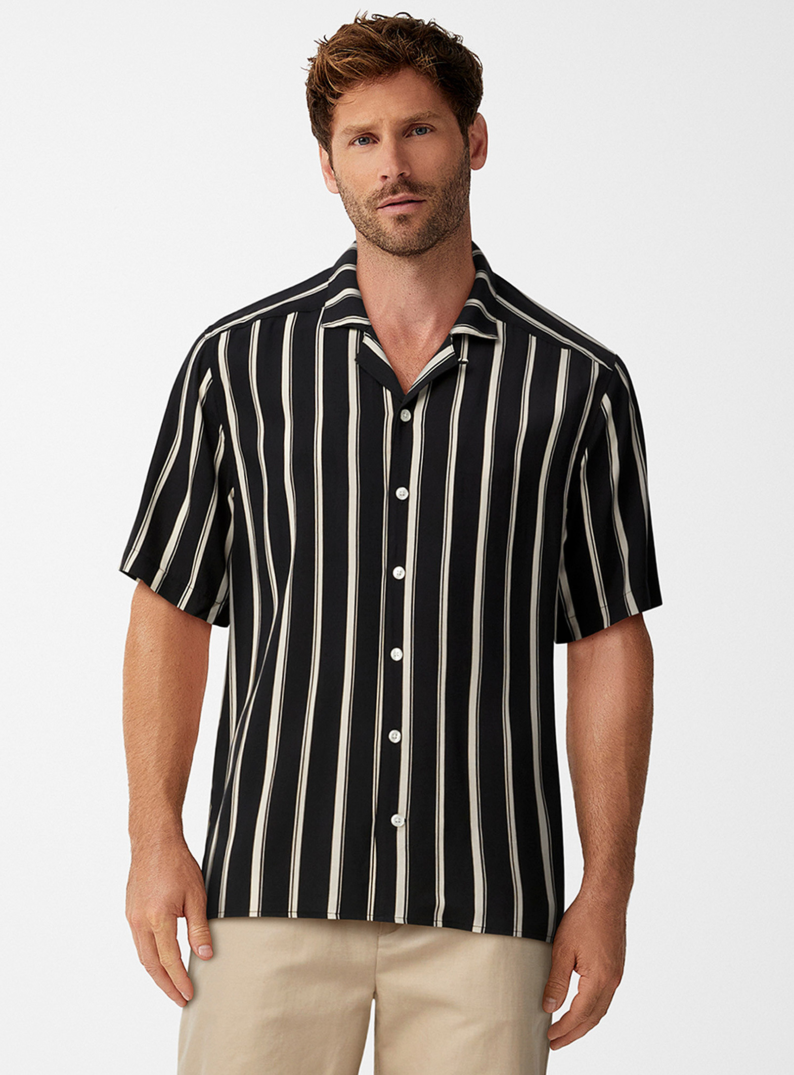Le 31 Vertical Stripe Camp Shirt Comfort Fit In Black
