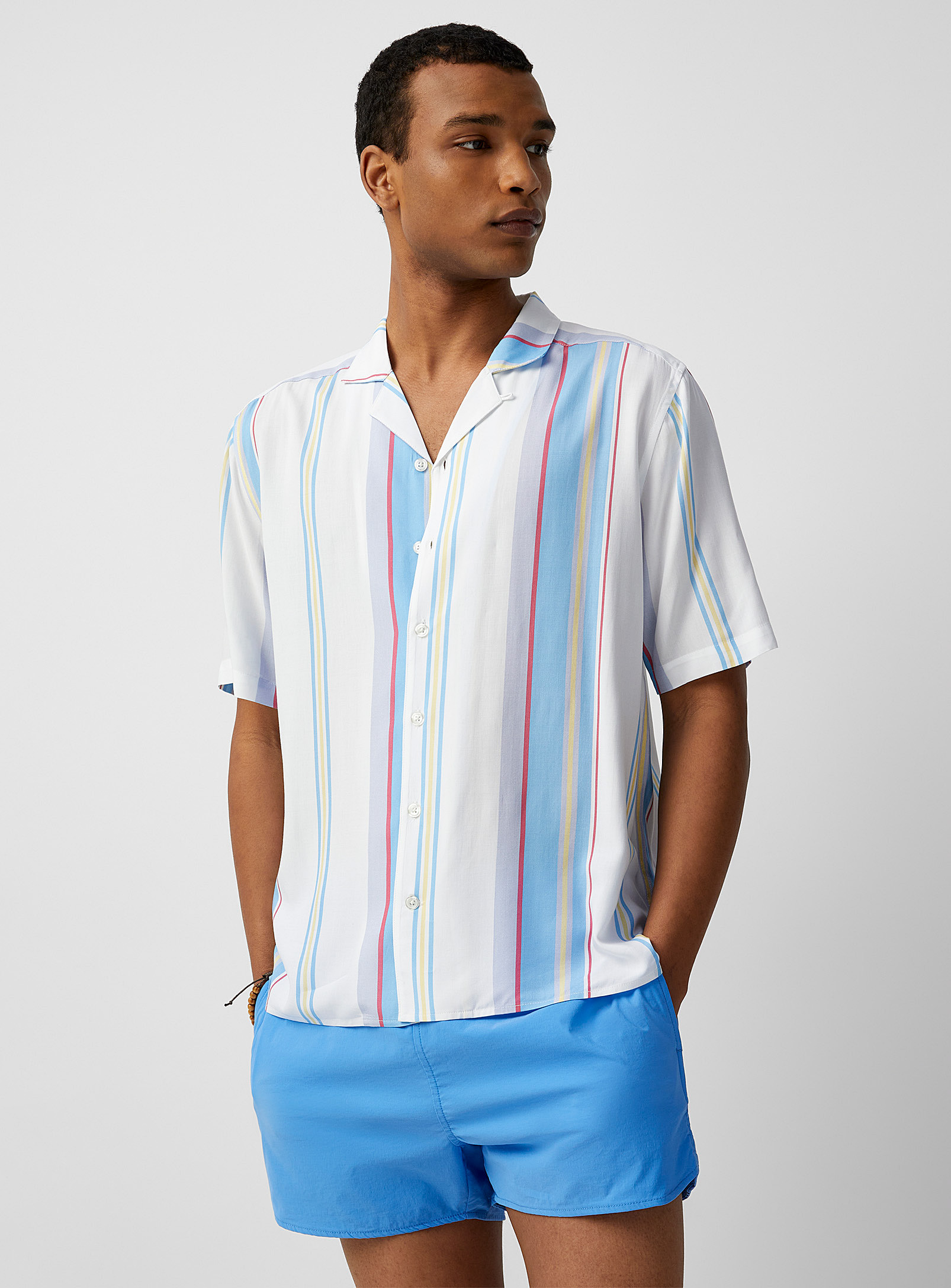 Le 31 Vertical Stripe Camp Shirt Comfort Fit In White