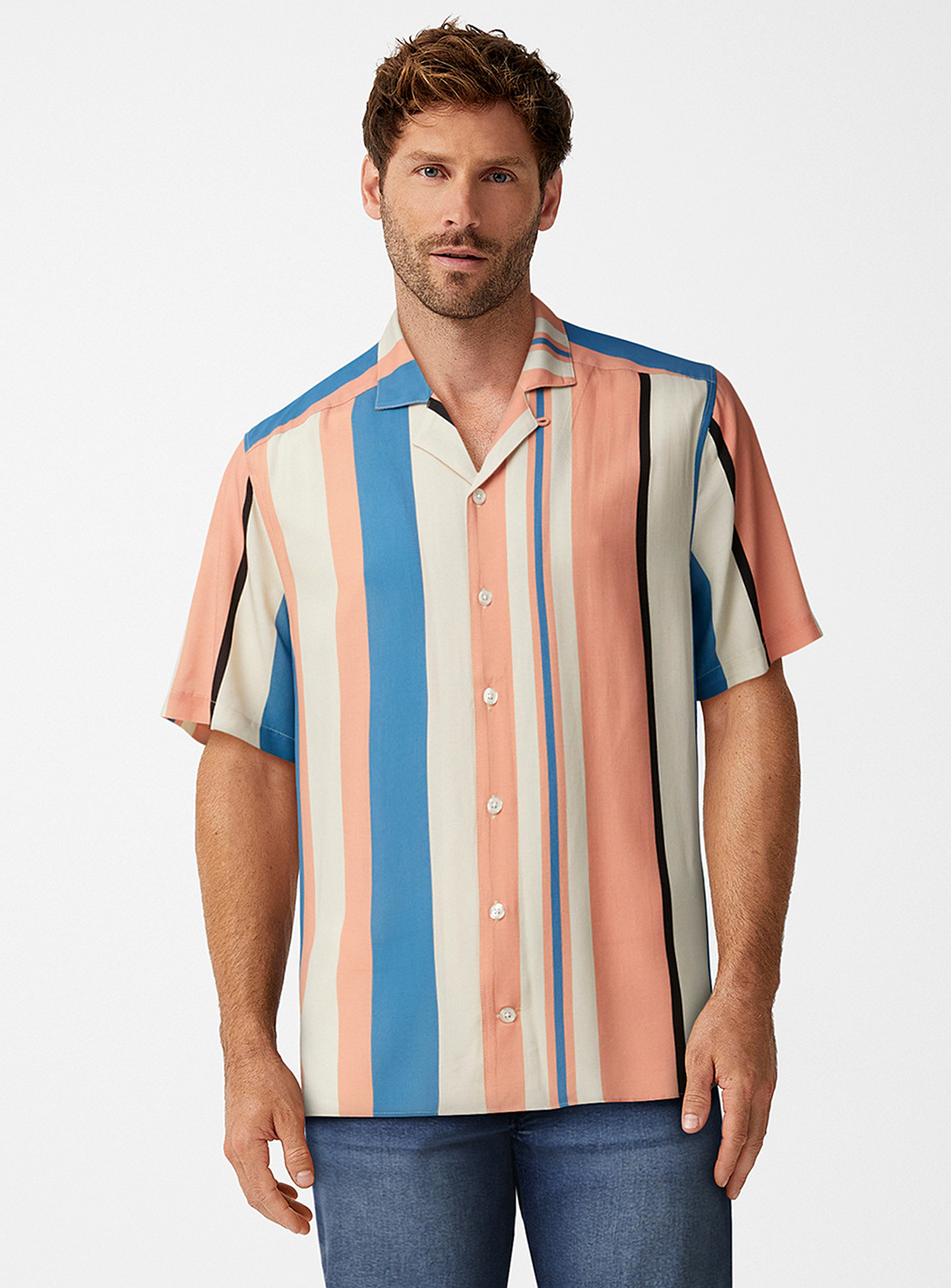 Le 31 Vertical Stripe Camp Shirt Comfort Fit In Pink