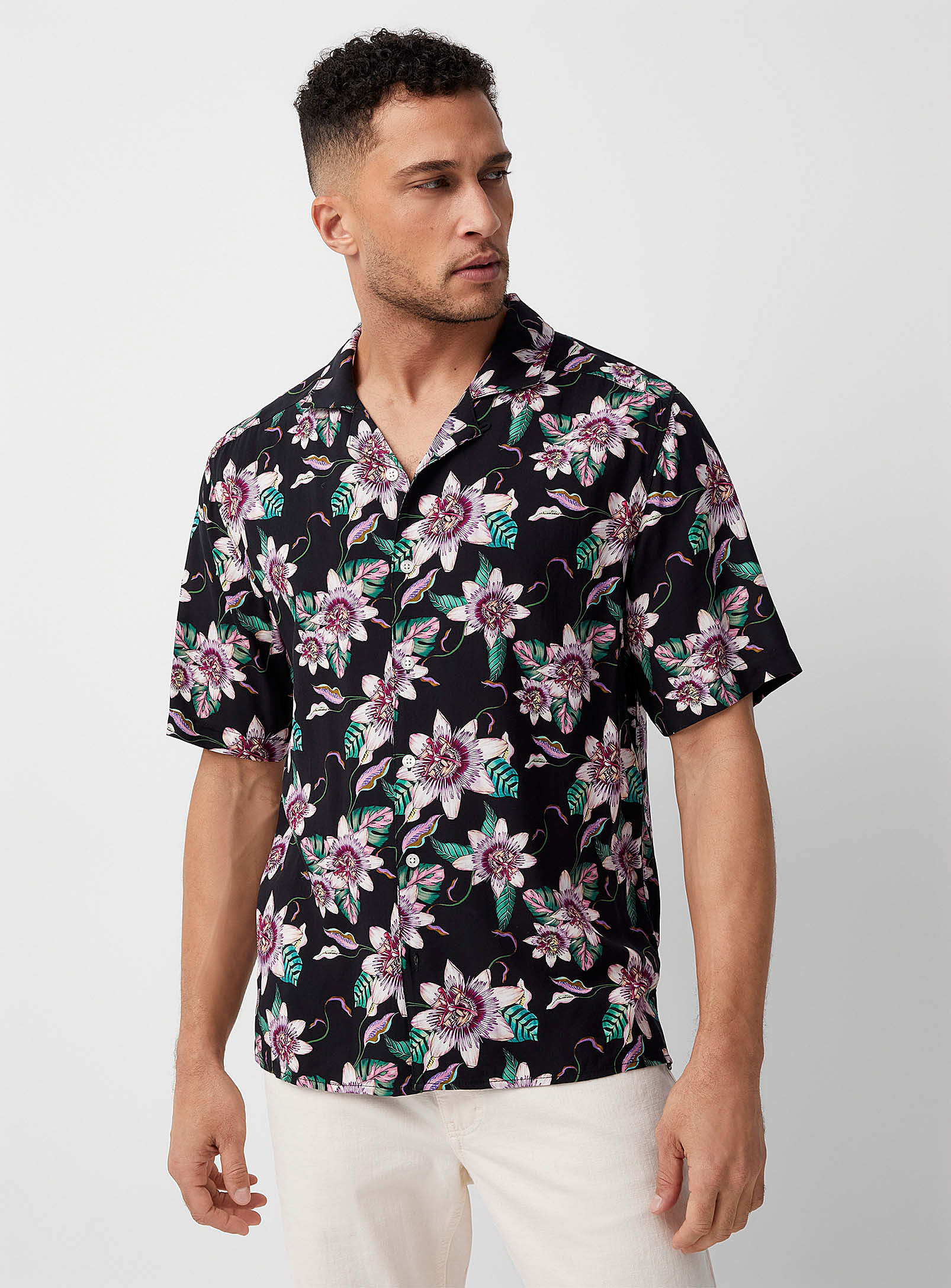 Le 31 Exotic Pattern Camp Shirt Comfort Fit In Black