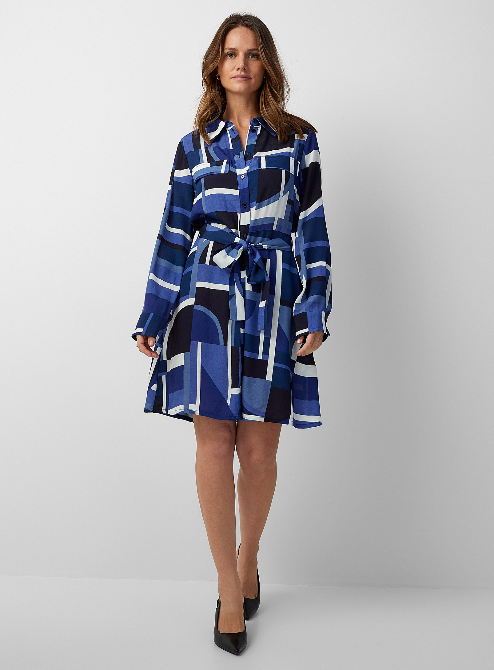 Contemporaine Geometric Tapestry Shirtdress In Patterned Blue