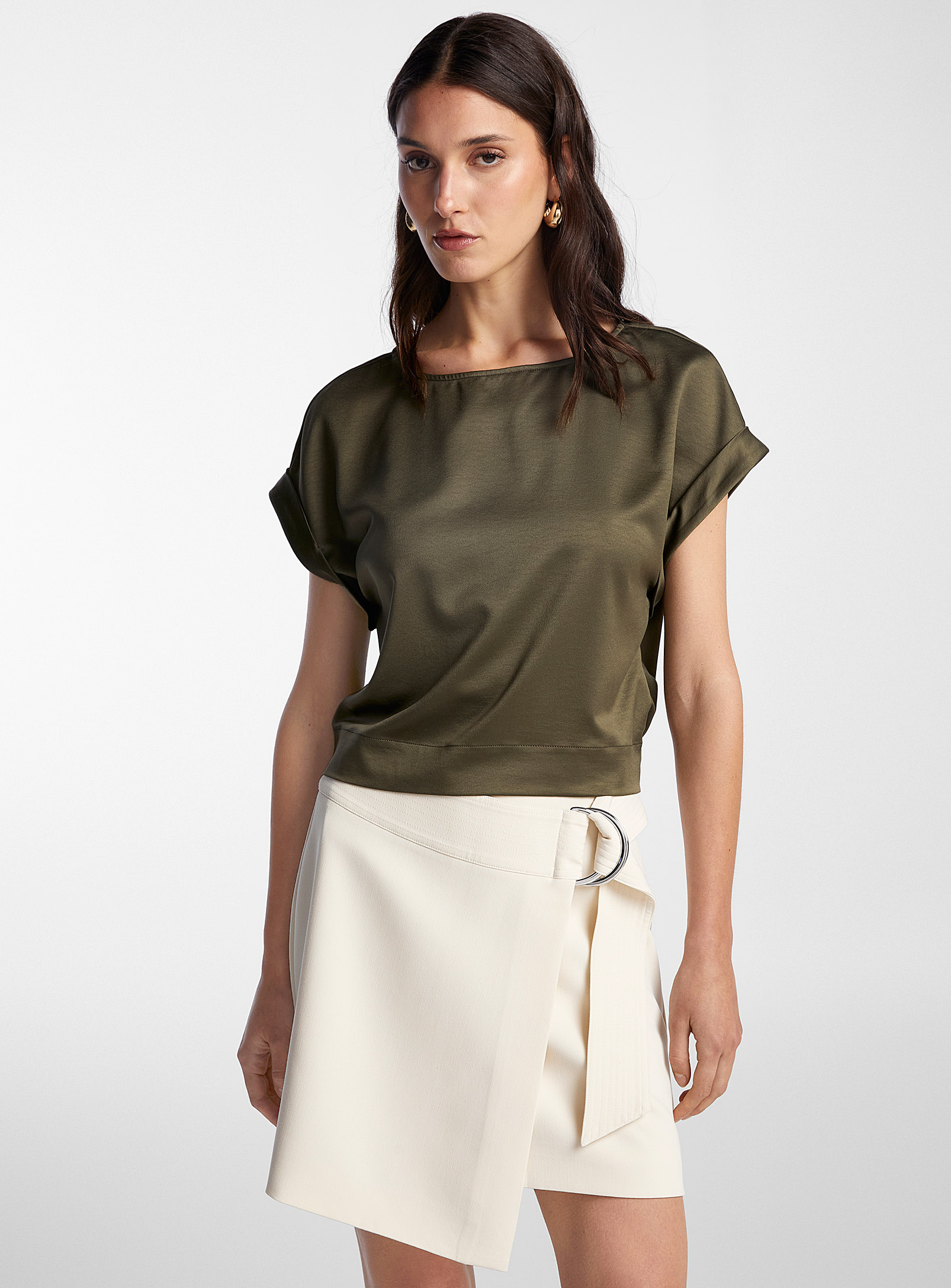 Icone Cuffed Sleeves Boxy Satiny Blouse In Pine/bottle Green