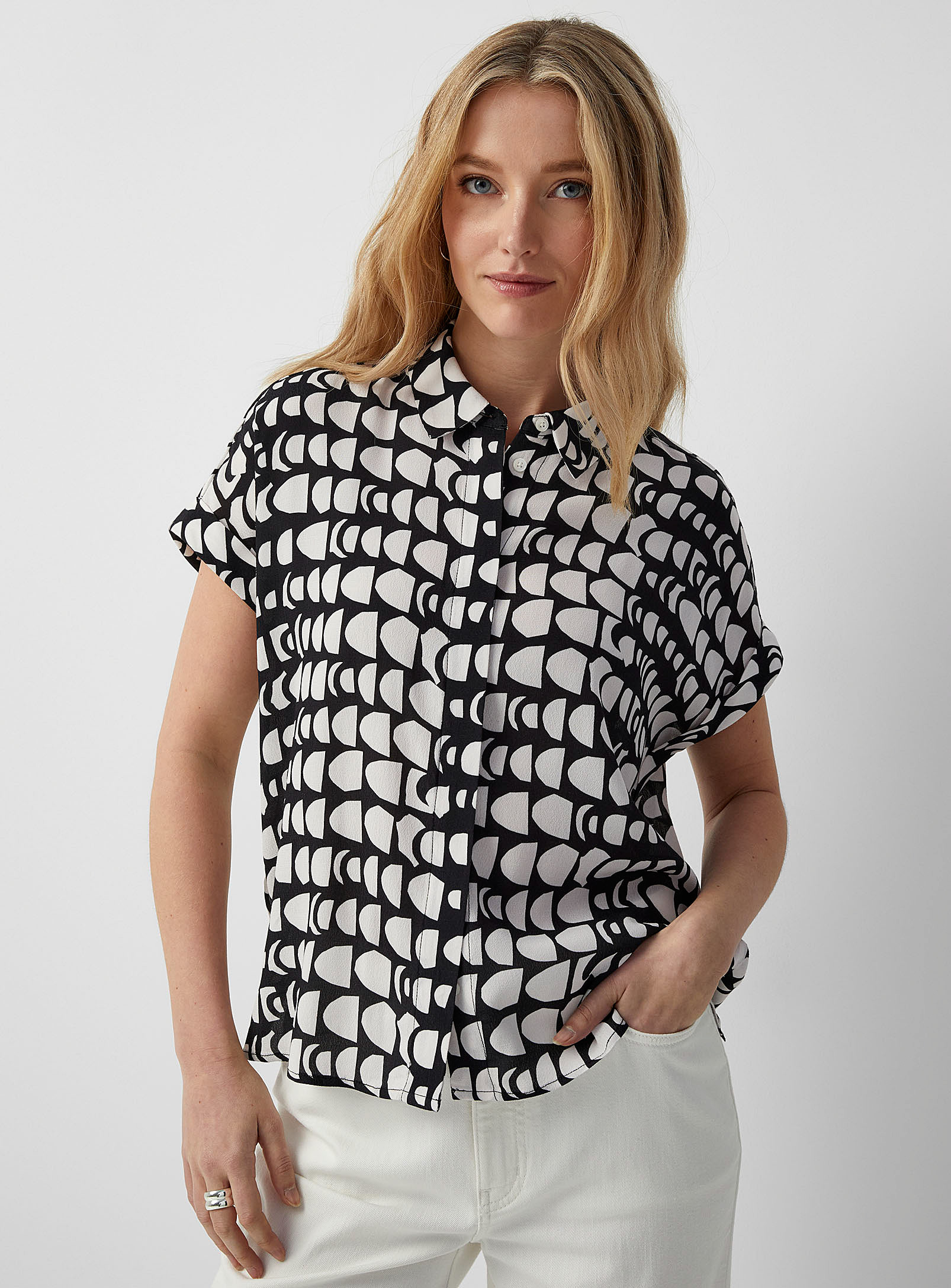 Contemporaine Cuffed-sleeve Printed Shirt In Black And White