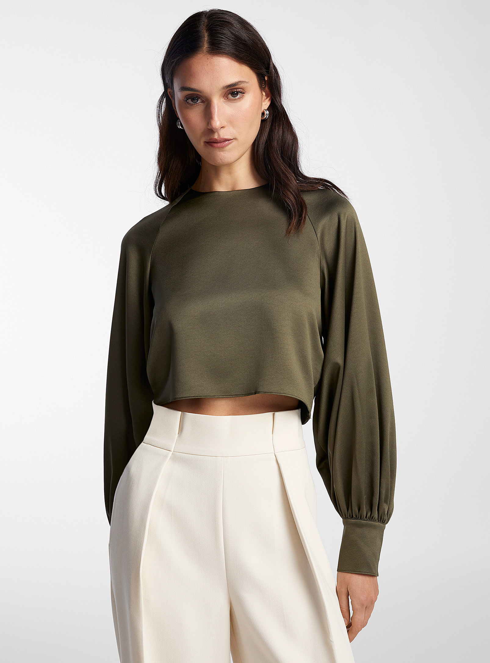 Icone Tie-back Satiny Blouse In Mossy Green
