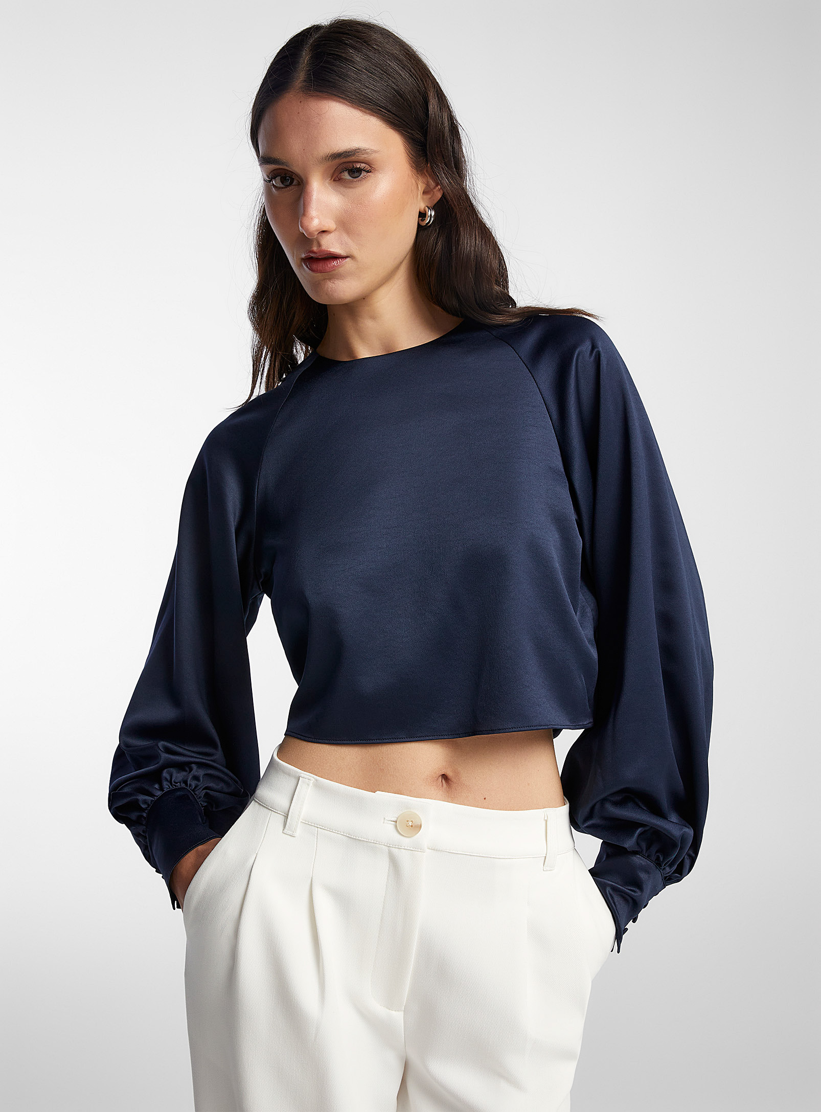Icone Tie-back Satiny Blouse In Navy/midnight Blue