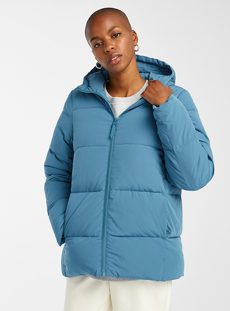 Twik Slate Blue Hooded puffer coat for women