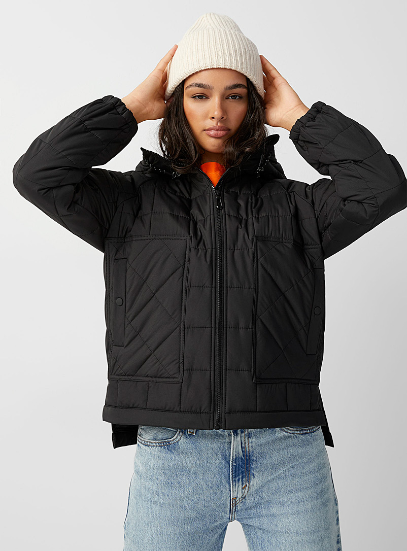 Twik Black Large patch pockets quilted jacket for women