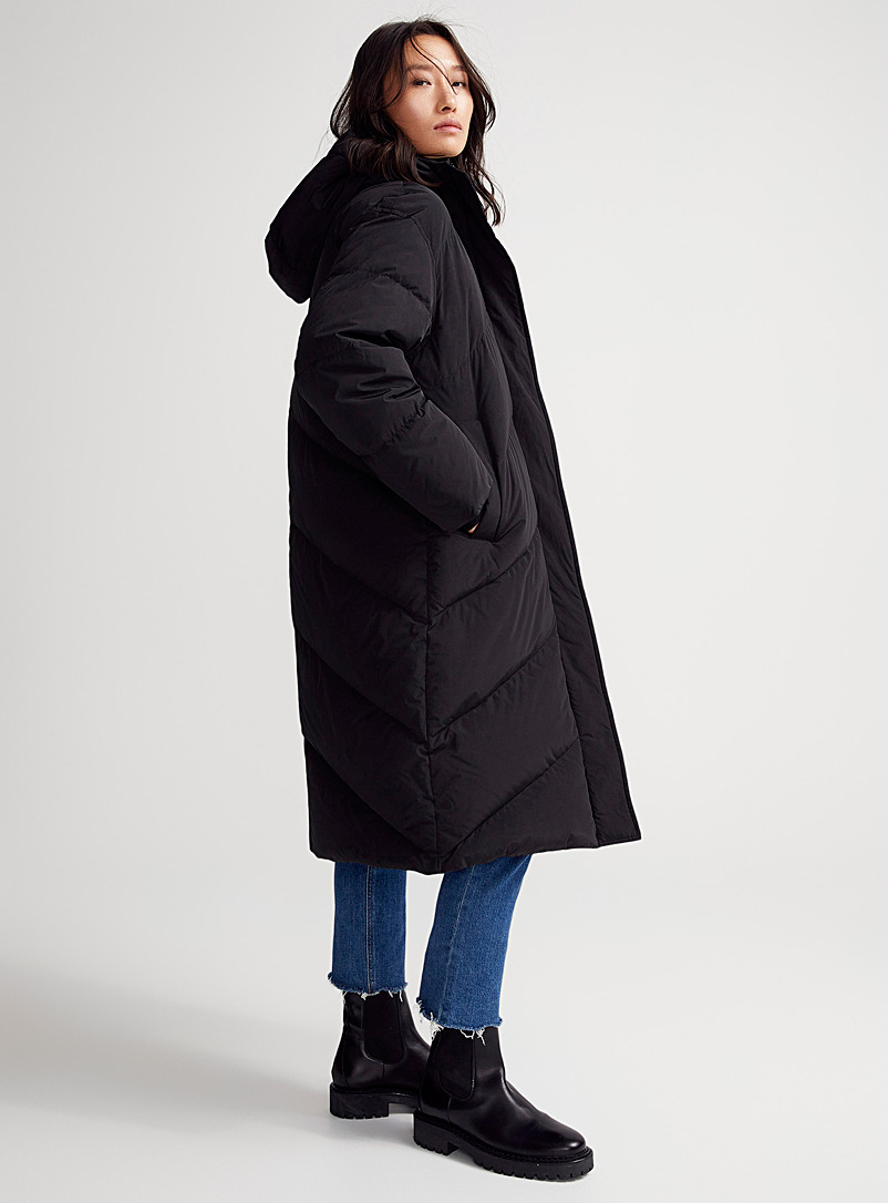 Icône Black Reverse V downy mid-length puffer jacket for women