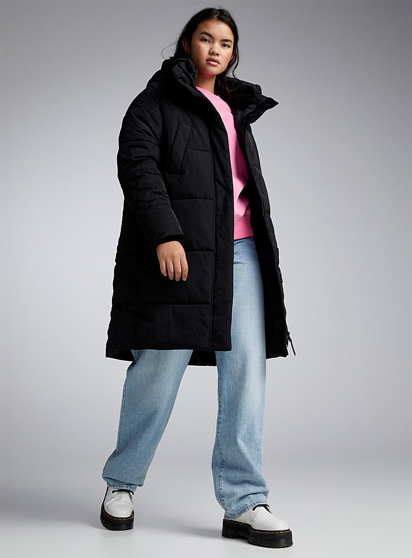 Twik Black Long cocoon-hood puffer jacket for women