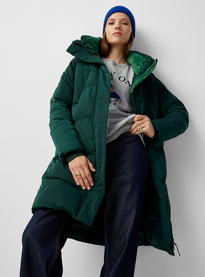 Twik Mossy Green Long cocoon-hood puffer jacket for women