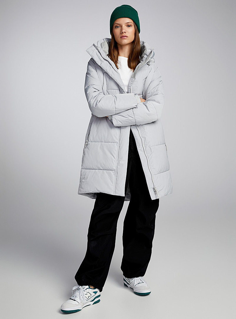 Twik Grey Long cocoon-hood quilted jacket for women