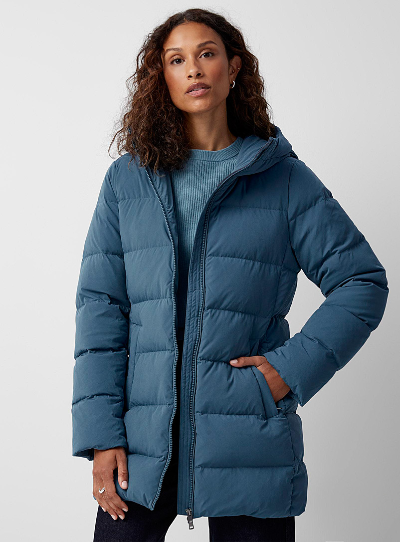 Contemporaine Blue Cocoon-hood stretch puffer for women