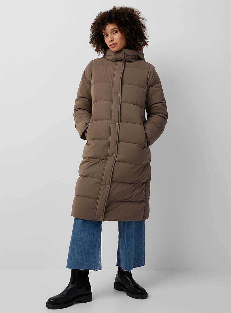 Icône Brown Long quilted puffer jacket for women