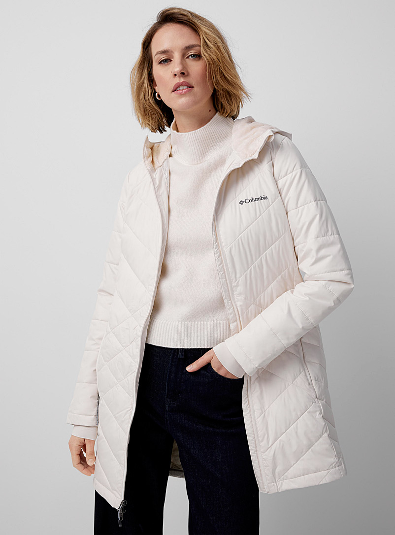 Columbia Ivory White Heavenly plush hooded 3/4 puffer jacket for women