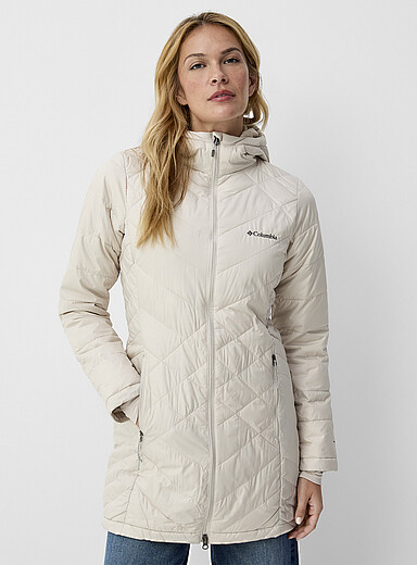 Columbia Ivory/Cream Beige Heavenly plush hooded 3/4-length puffer jacket for women