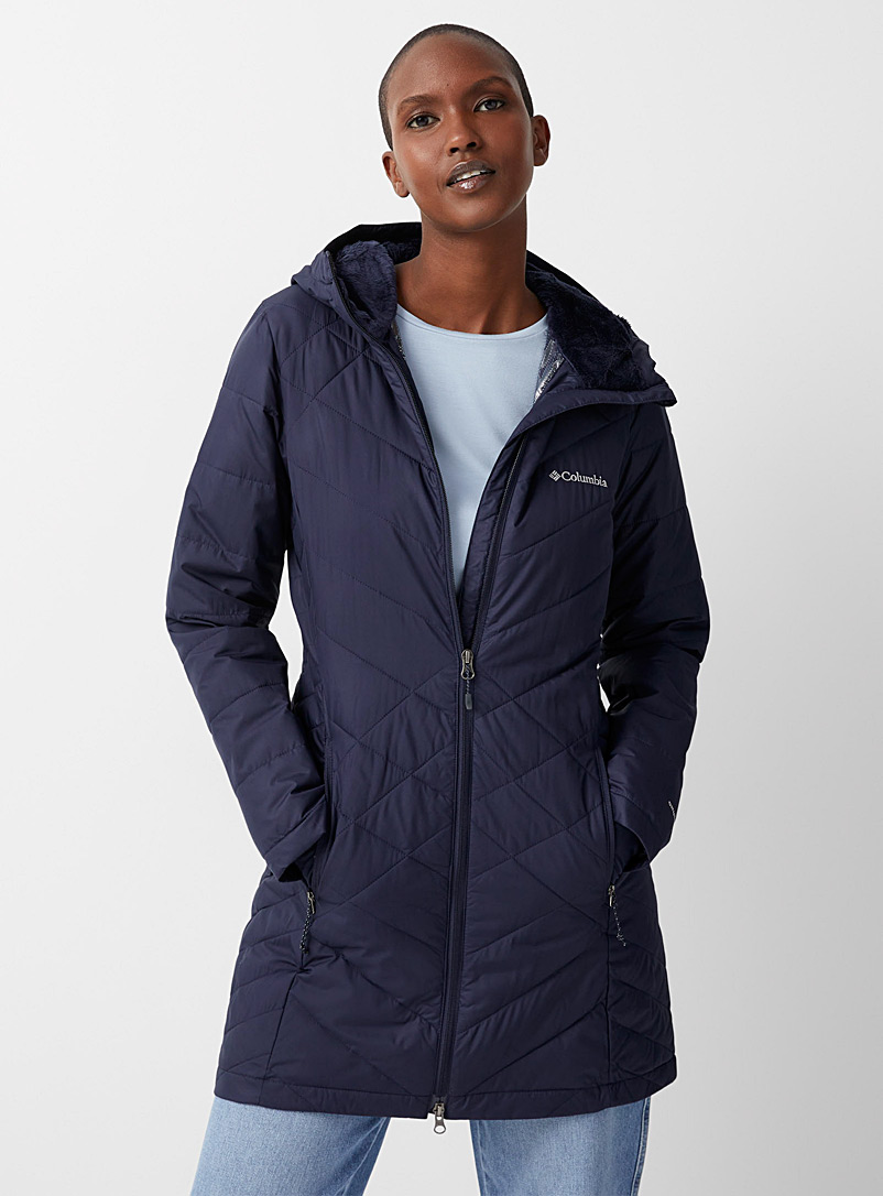 Columbia Marine Blue Heavenly plush hooded 3/4 puffer jacket for women