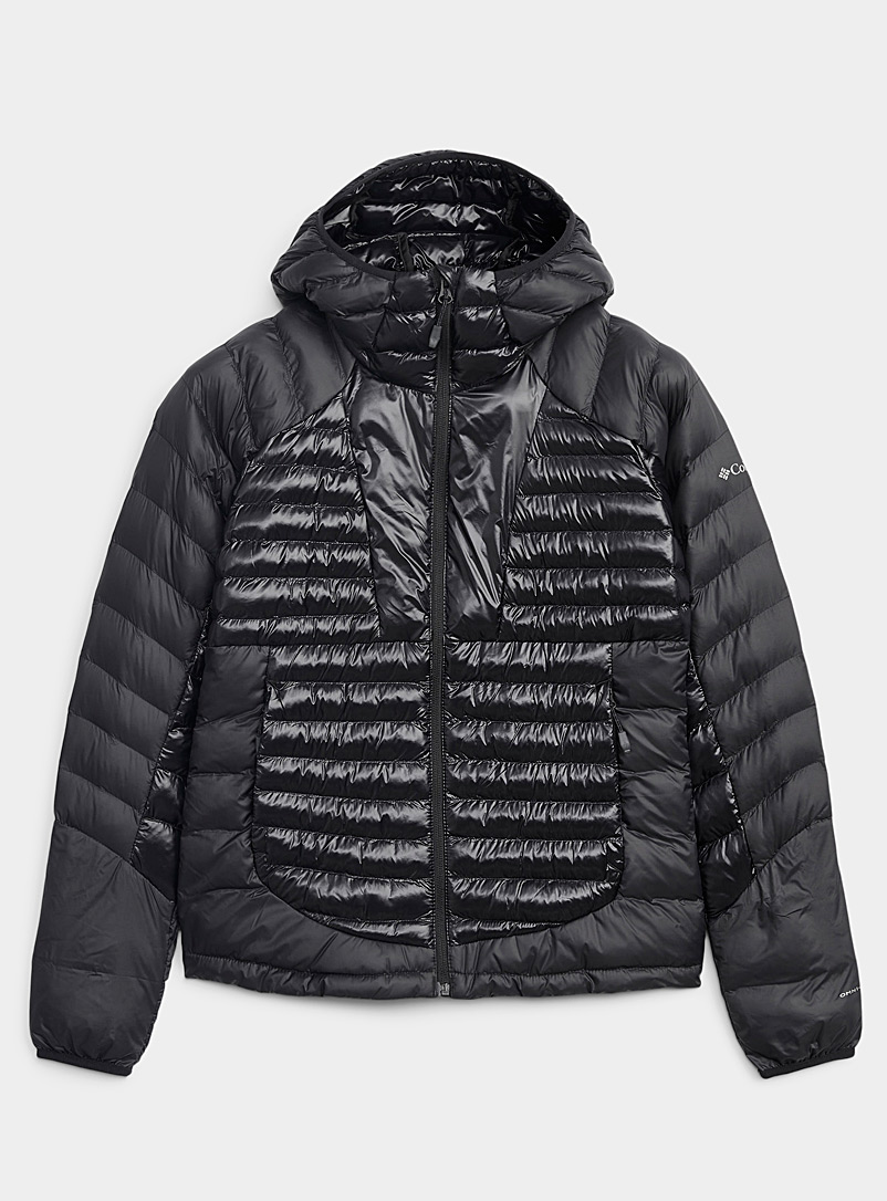 Columbia Black Labyrinth Loop shiny bib hooded puffer jacket for women