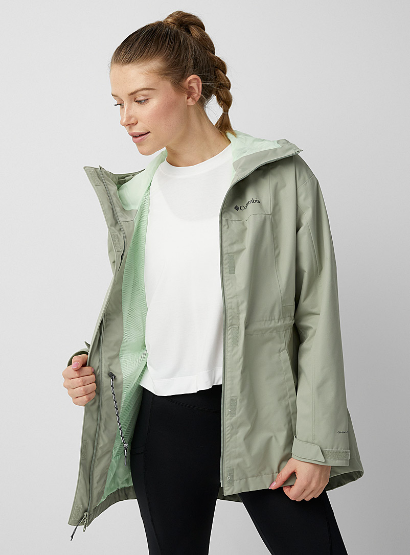 Columbia Mossy Green Hikebound long cinched raincoat for women