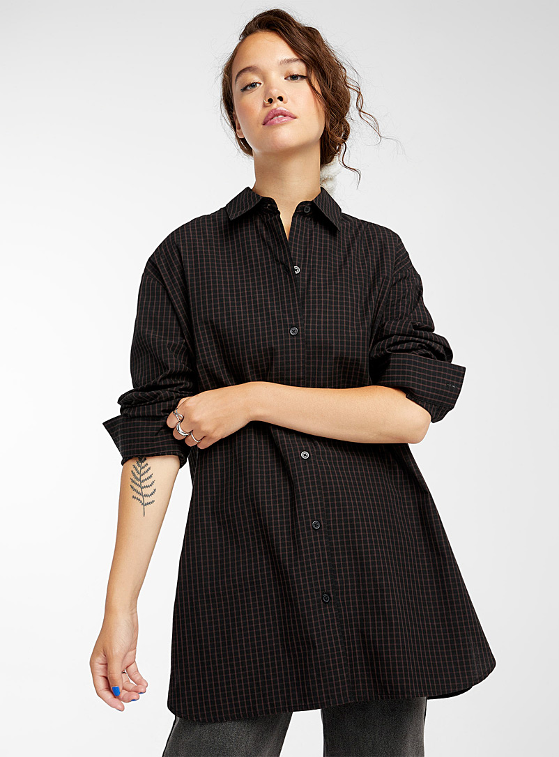 Twik Patterned Black Loose puff-sleeve poplin shirt for women