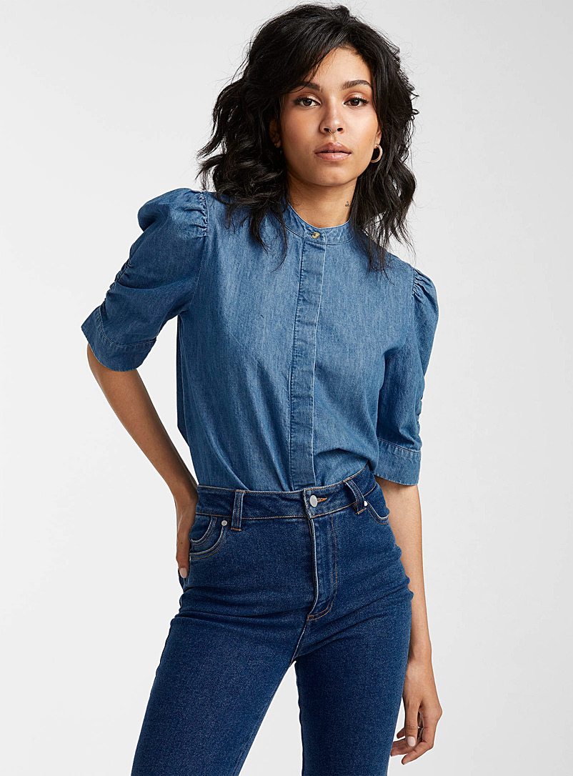 Icône Blue Officer-collar denim blouse for women
