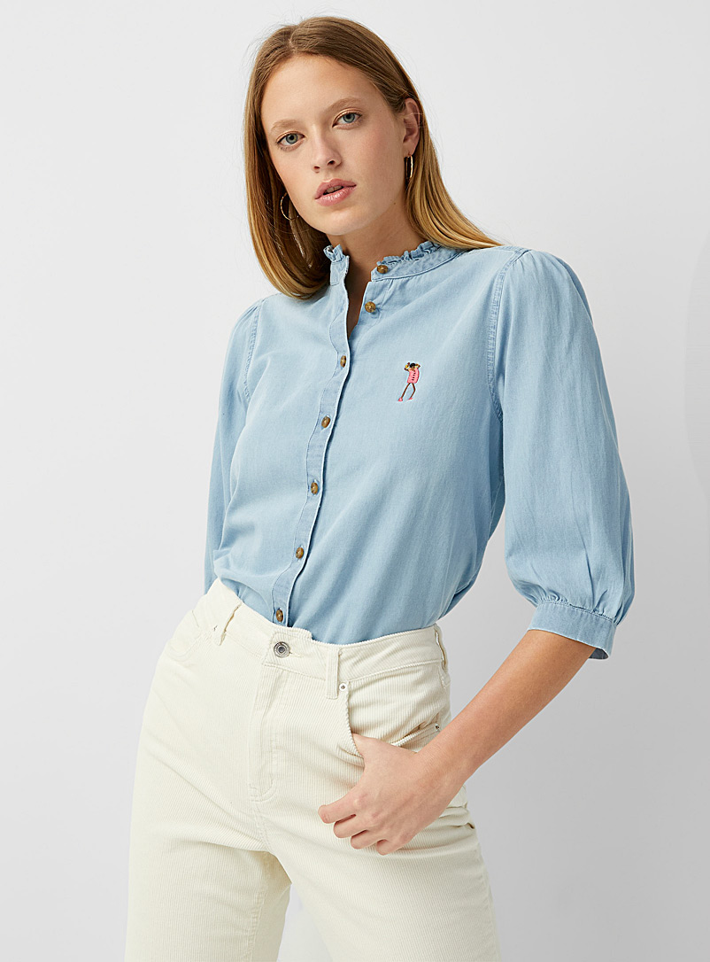 Icône Baby Blue Officer-collar denim blouse for women