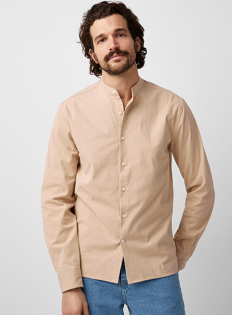 Le 31 Ecru/Linen Officer-collar seersucker shirt Modern fit for men