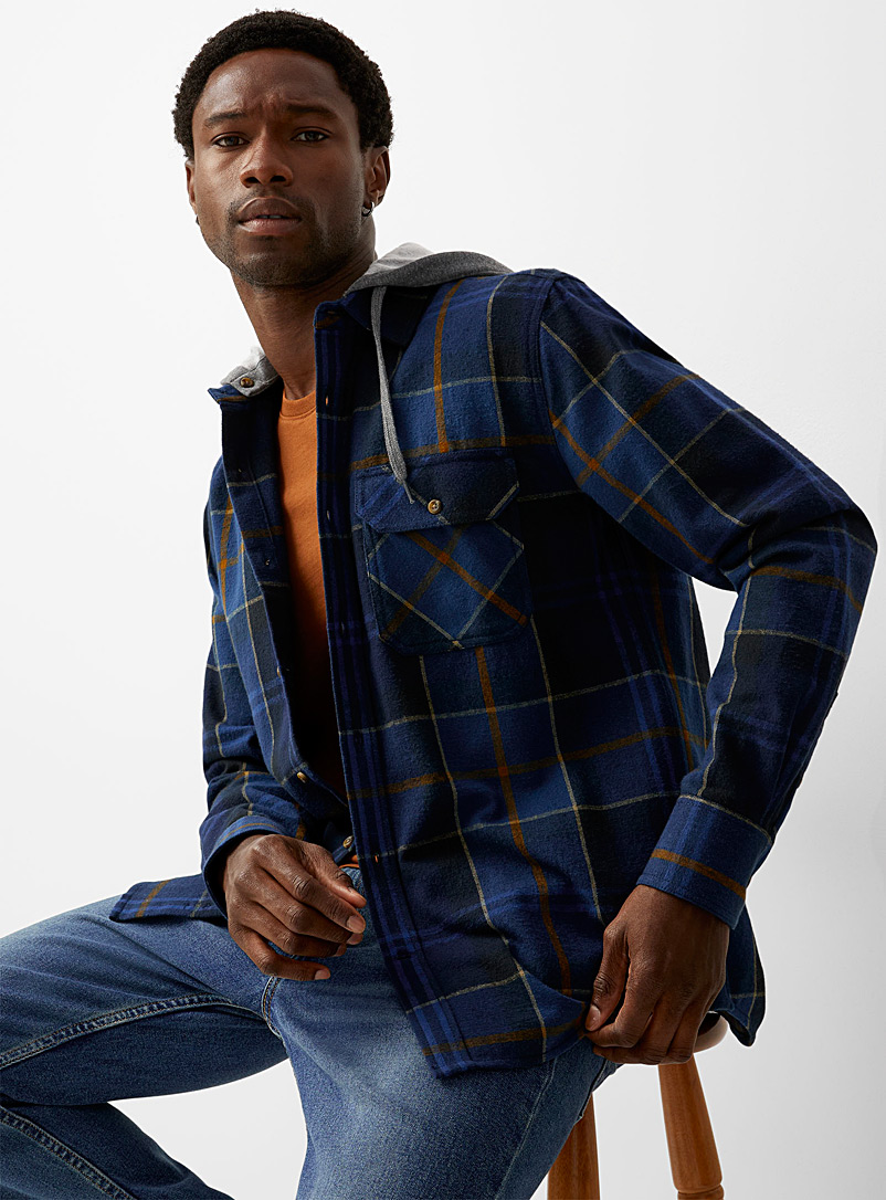 Le 31 Marine Blue Hooded check flannel shirt Modern fit for men