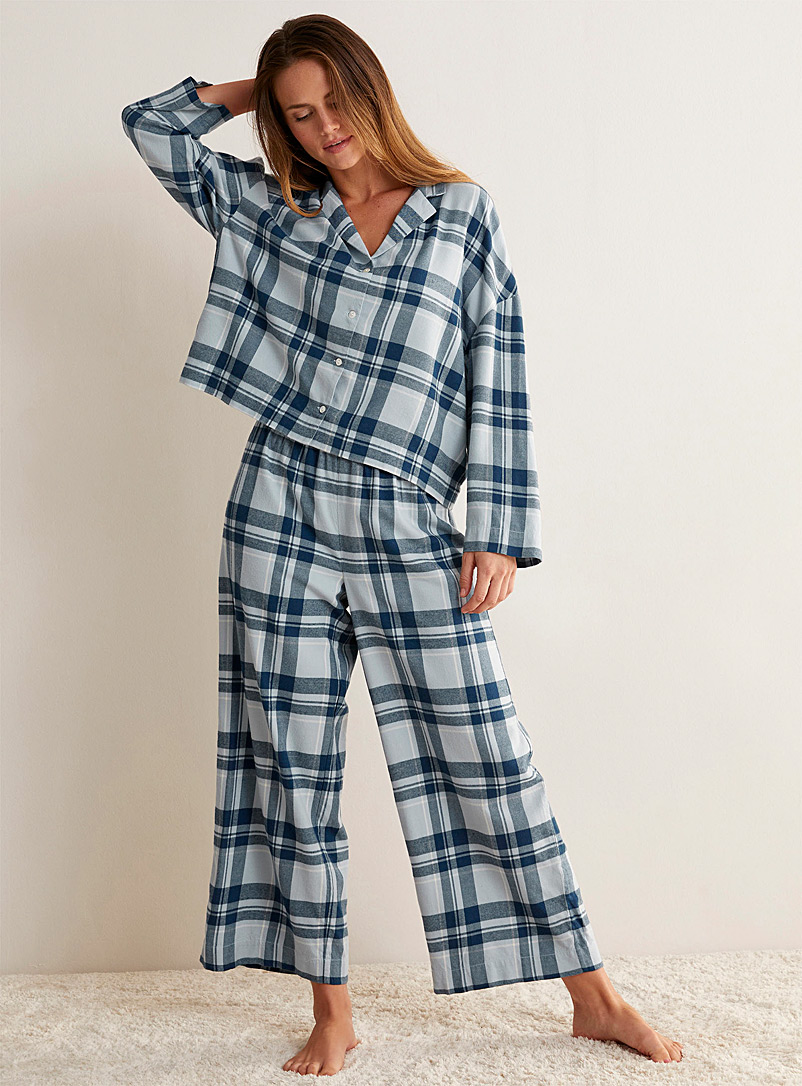 Miiyu Patterned Blue Checked brushed cotton pyjama set for women