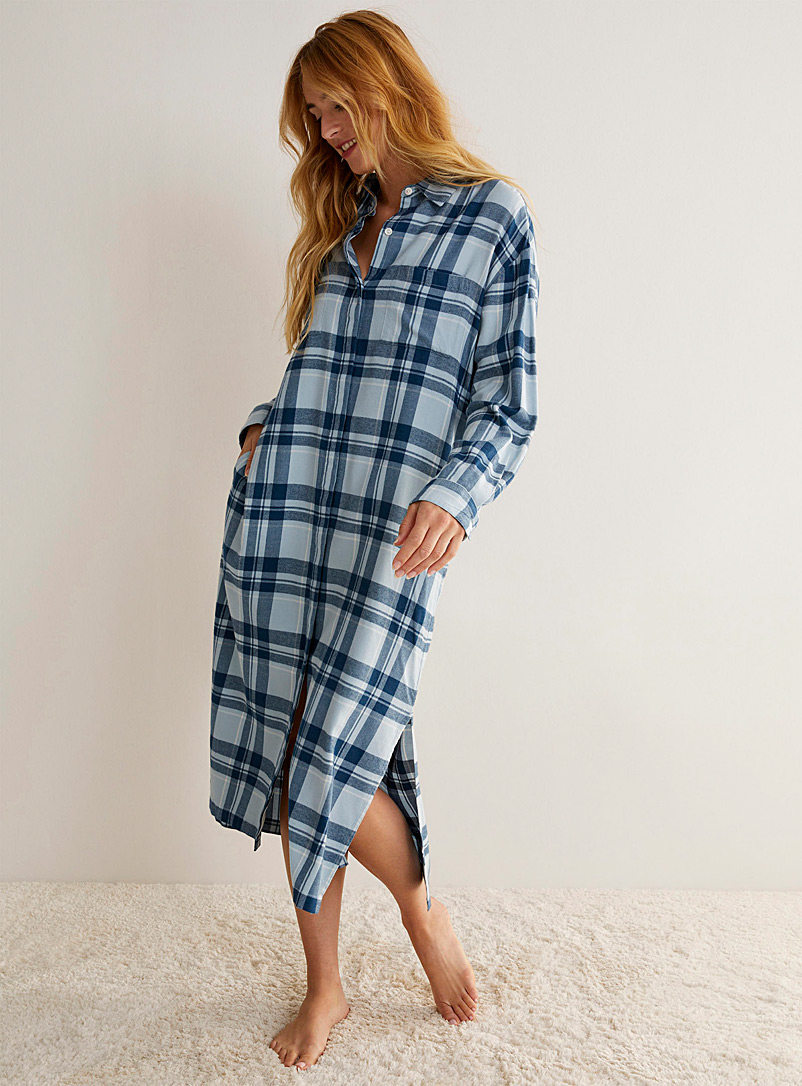 Miiyu Patterned Blue Brushed cotton check nightgown for women