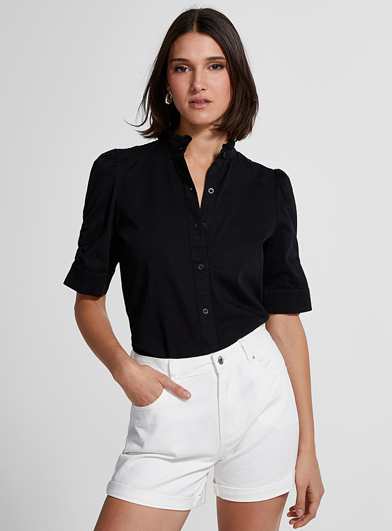 Icône Black Gathered-sleeve ruffle collar shirt for women