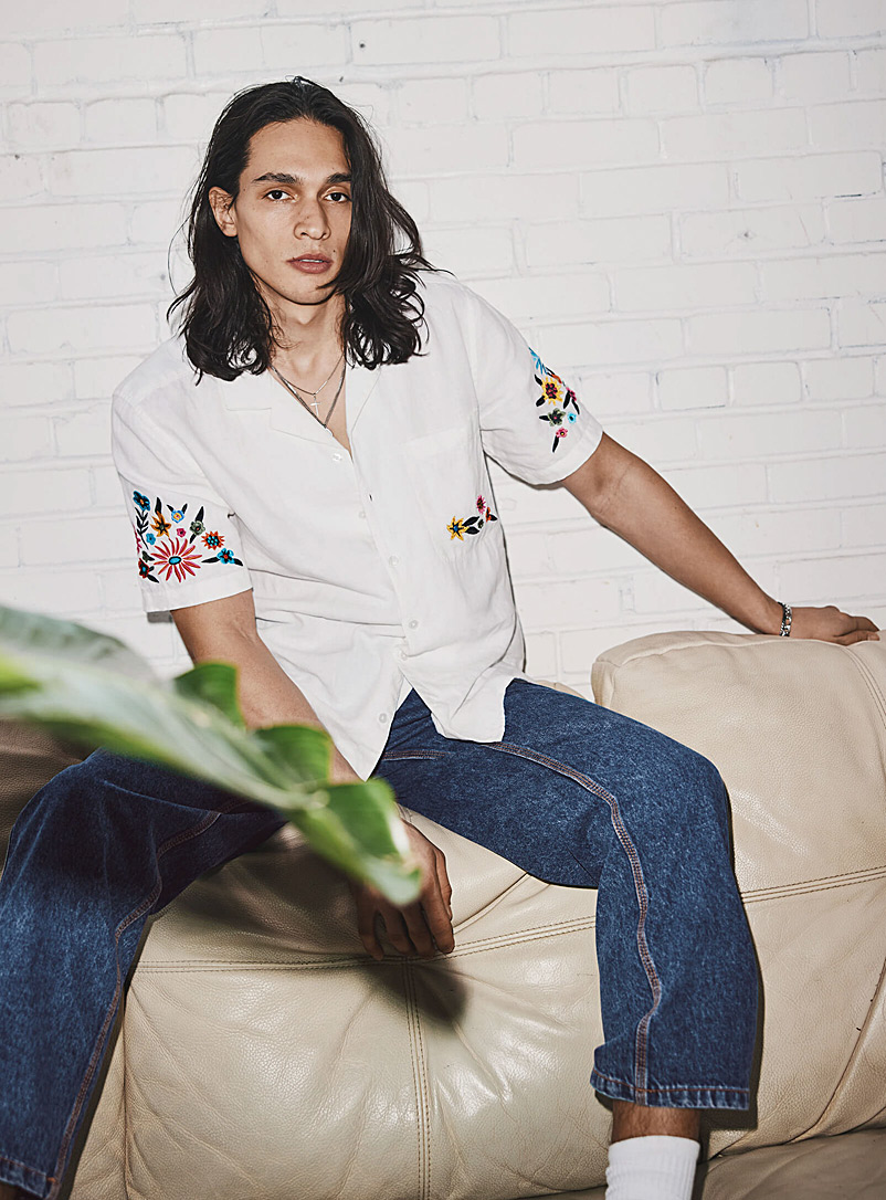 Djab Ecru/Linen Embroidered-flower linen camp shirt for men