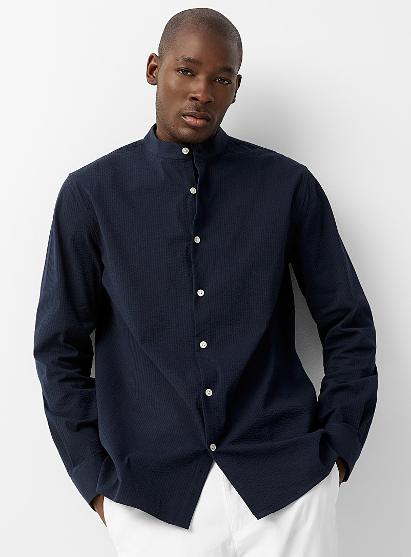 Le 31 Marine Blue Officer-collar seersucker shirt Modern fit for men