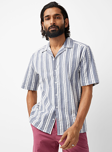 Le 31 Slate Blue Waffle stripe camp shirt Modern fit for men