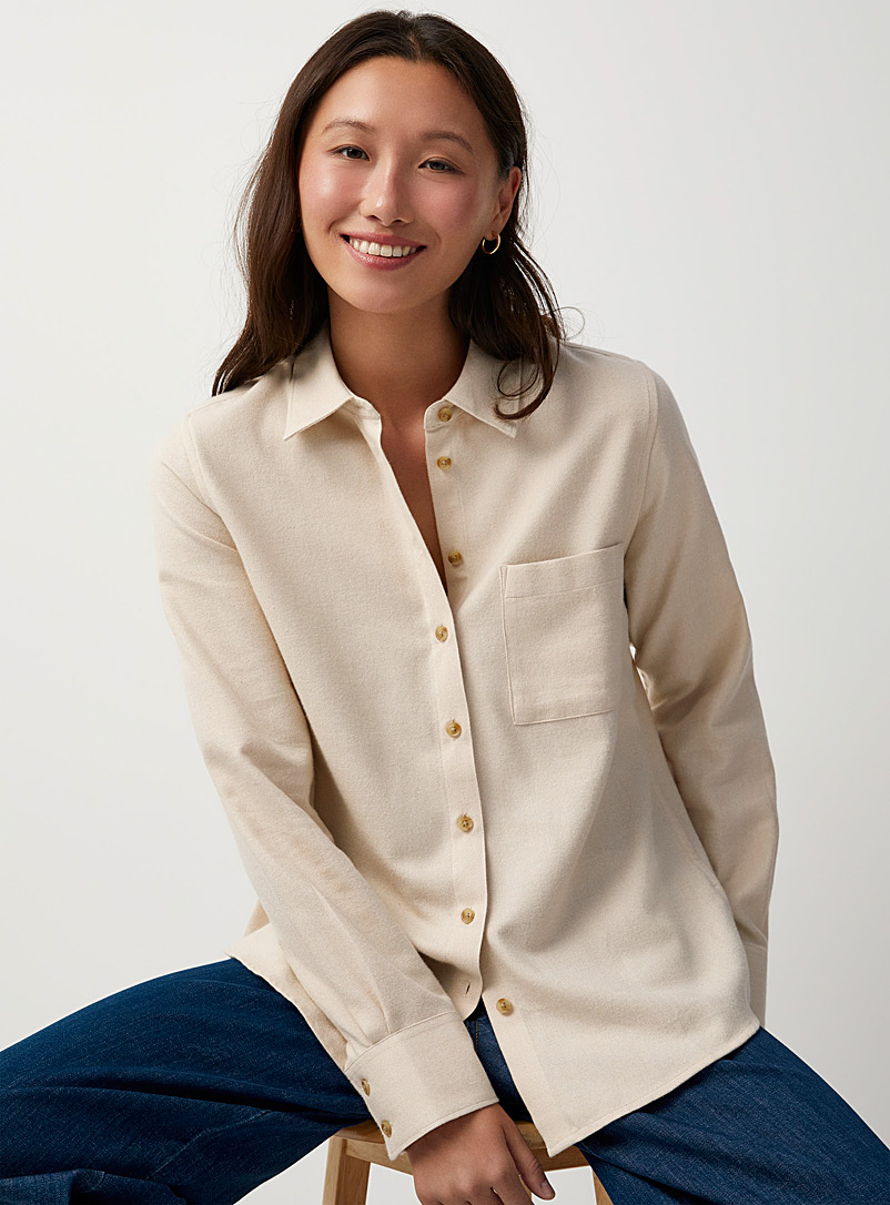 Contemporaine Cream Beige Patch pocket flannel shirt for women