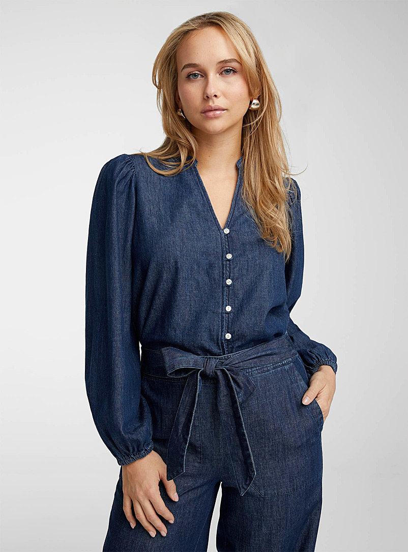 Icône Dark Blue Puff-sleeve denim blouse for women