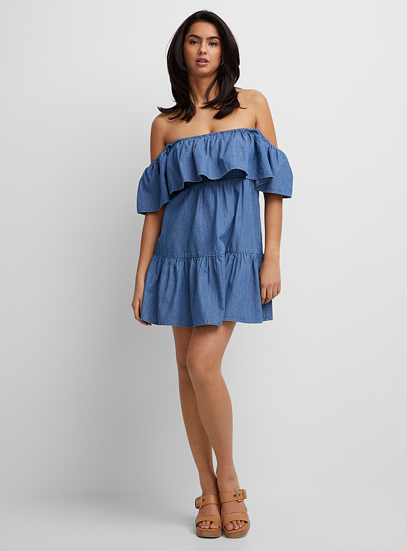 Icône Baby Blue Ruffled off-the-shoulder denim mini-dress for women
