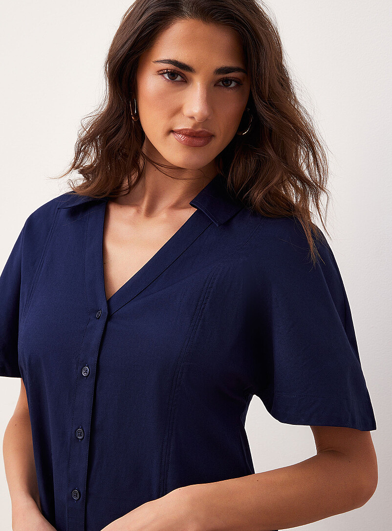 Ic&ocirc;ne: La minirobe chemise manches cape popeline Bleu marine - Bleu nuit pour femme