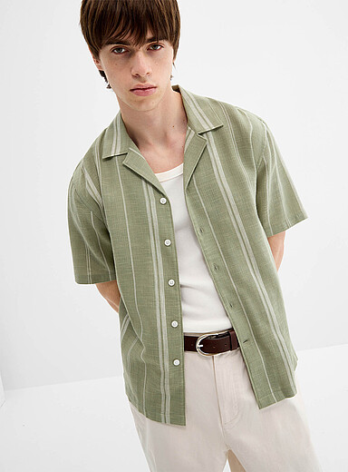 Striped basketweave camp shirt