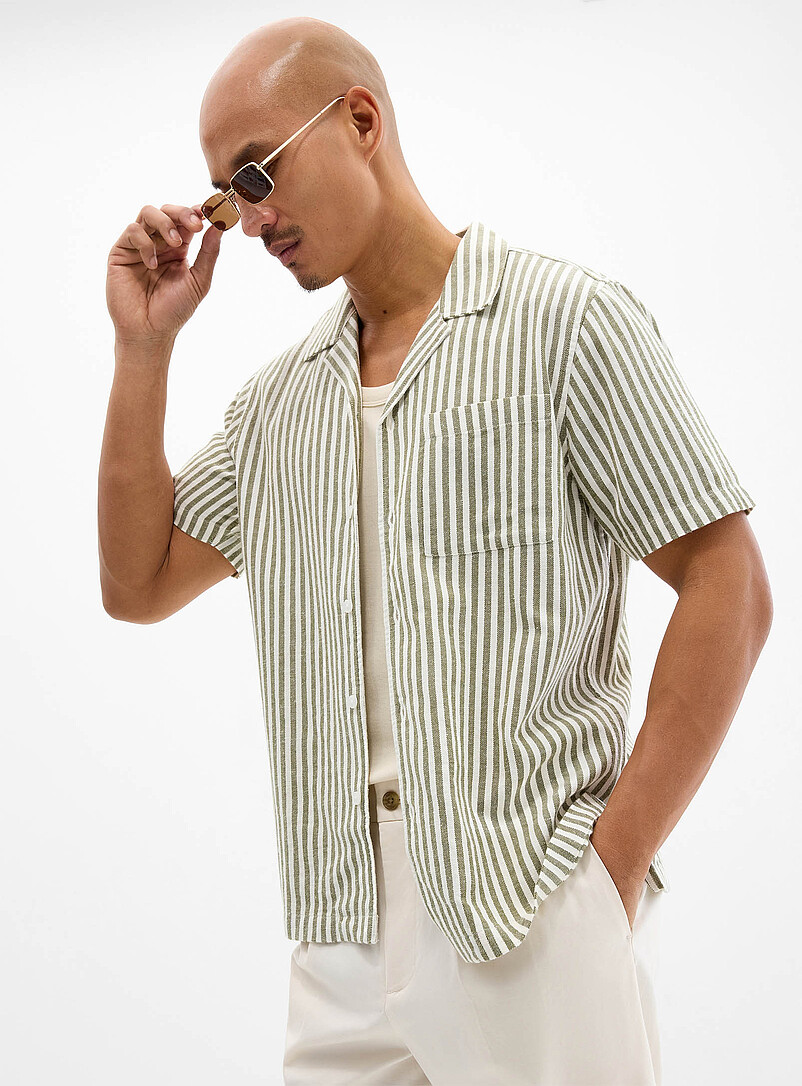 Le 31: La chemise col ouvert rayure parasol Vert fonc&eacute; - Mousse pour homme