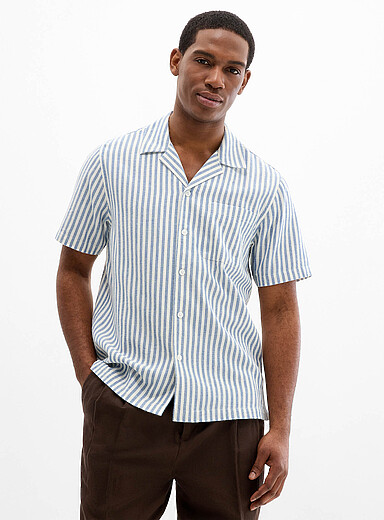 Le 31: La chemise col ouvert rayure parasol Bleu fonc&eacute; - Indigo pour homme