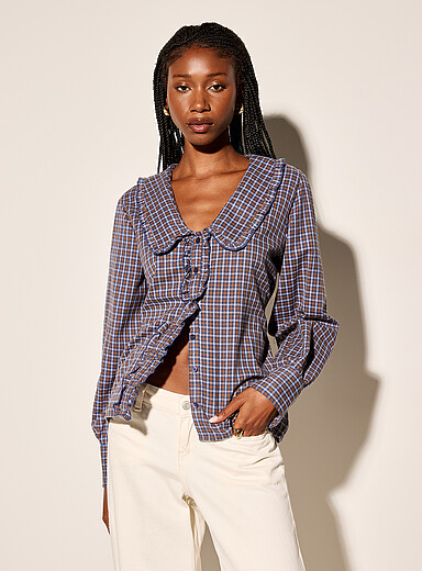 Ic&ocirc;ne Patterned Blue Peter Pan collar ruffled plaid shirt for women