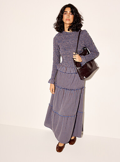 Ic&ocirc;ne Patterned Blue Tiered mini ruffles plaid maxi skirt for women